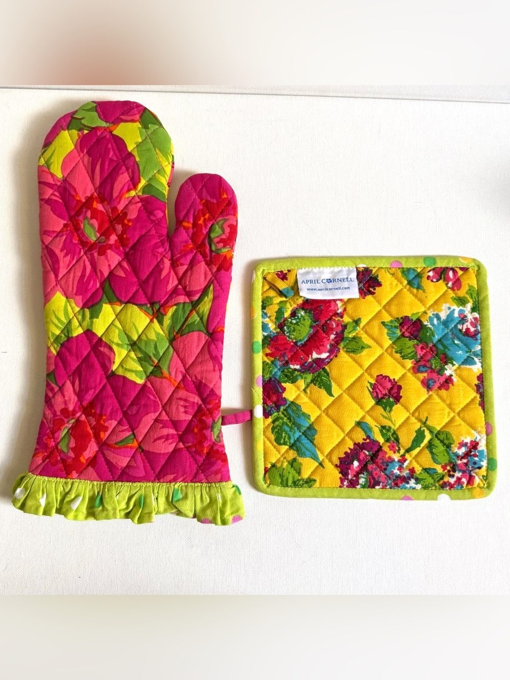 April Cornell Pink Yellow Floral Oven Mitt Pot Holder Set Reversible Cotton Chic